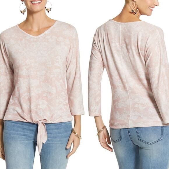 Chico’s | Tierra Sz 2 Large Pink Metallic Tie Front 3/4 Sleeve Top Knit Sweater - Picture 1 of 10